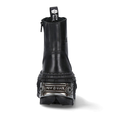 New Rock Metallic Black Leather Boots-WALL083C-S4