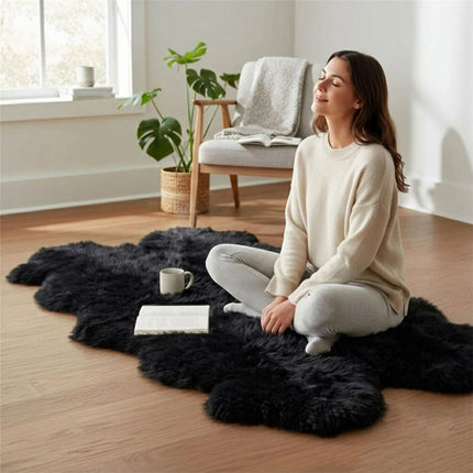 Genuine Sheepskin Black Quad Natural Fluffy Silky Soft Real Wool Rug