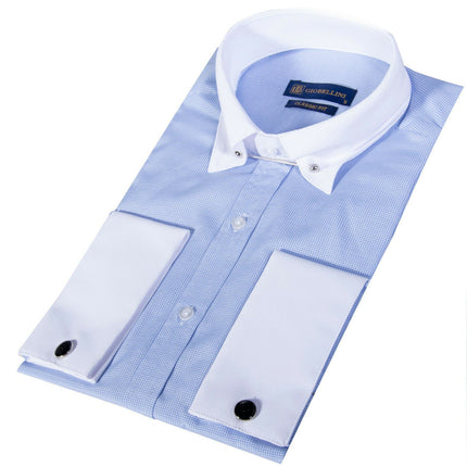 Mens Club Collar Blue Shirt 1920s Peaky Blinders With Bar Poplin Pin Smart