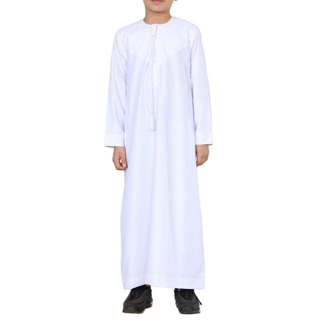 Boy's Kids White Thobe Emirati Jubba Islamic Clothing Kaftan Eid String Tassel