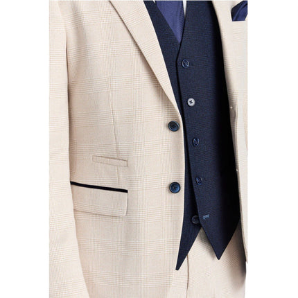 Men's Check Cream Blazer Navy Waistcoat Wedding 3 Piece Suit - Regent
