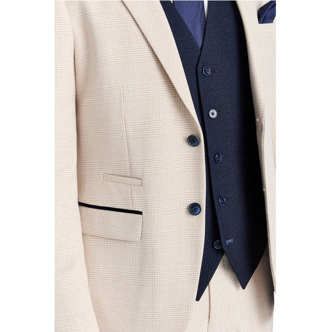 Men's Check Cream Blazer Navy Waistcoat Wedding 3 Piece Suit - Regent