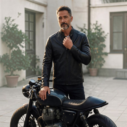 Mens Leather Black Stand Collar Cafe Racer Biker Jacket - E184