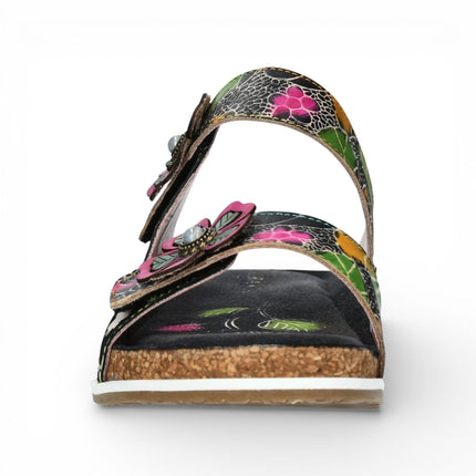 Laura Vita Women's Brcyano 32 Black Floral Leather Strappy Slipper Sandals