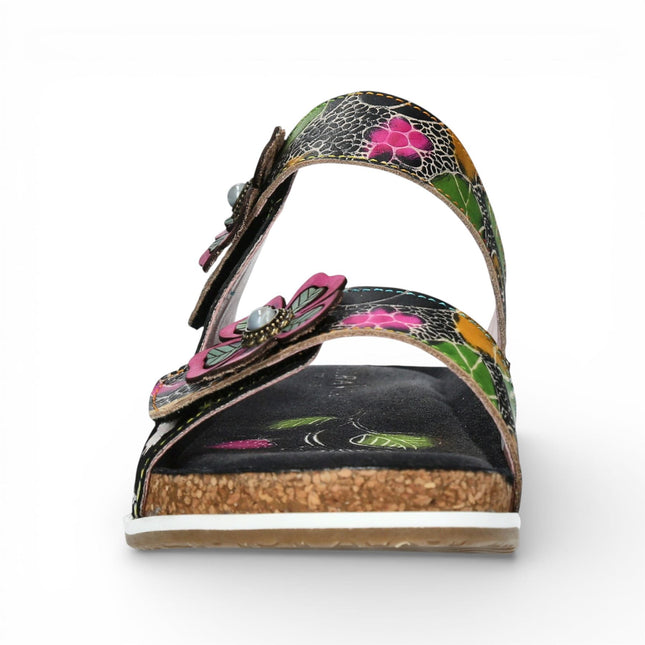 Laura Vita Women's Brcyano 32 Black Floral Leather Strappy Slipper Sandals