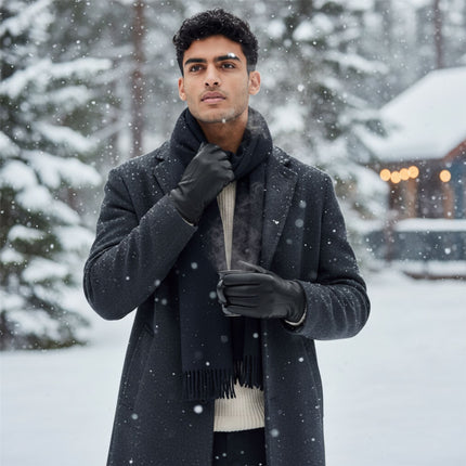 Men’s Black Italian Leather Warm Wool Lining Winter Gloves - M-LGV-305