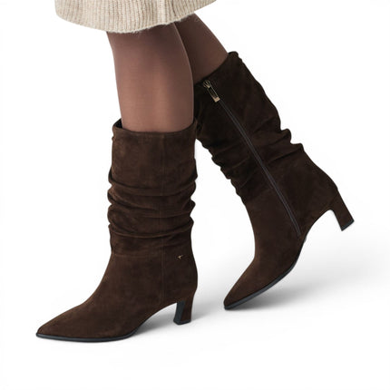 Tamaris Women's Mocca Brown Suede Mid-Calf Heeled Long Boots - 25308-47