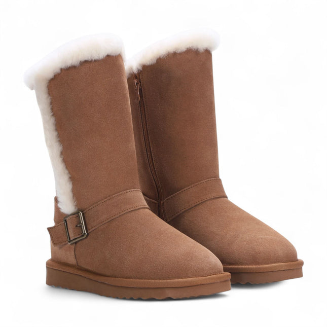 Women's Genuine Sheepskin Tan Brown Suede Calf Winter Warm Boots - Redwood