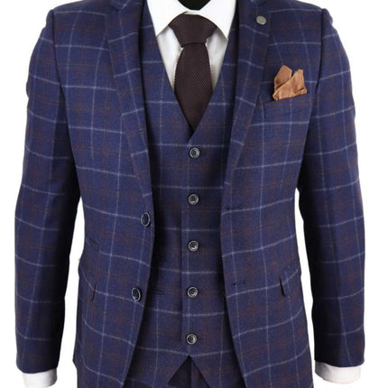 Mens 3 Piece Navy Blue Wool Check Retro Suit