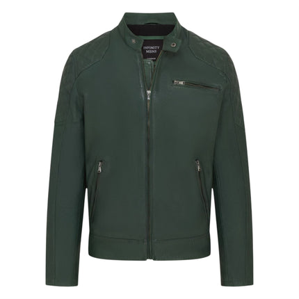 Mens Green Leather Quilted Shoulder Biker Jacket - Rock