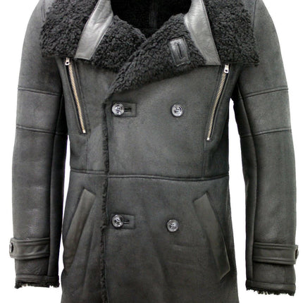 Mens Double Breasted Sheepskin Reefer Coat-Candon
