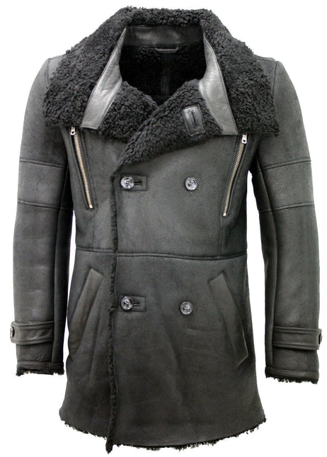 Mens Double Breasted Sheepskin Reefer Coat-Candon