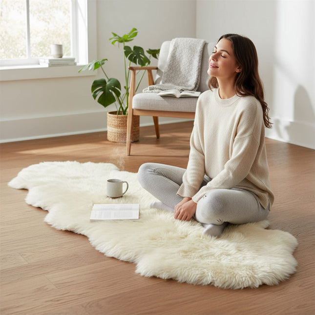 Genuine Sheepskin Cream Double Natural Fluffy Silky Soft Real Wool Rug