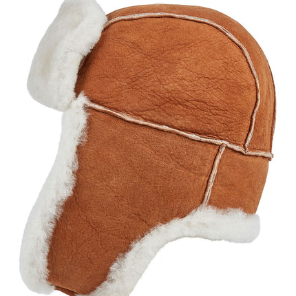 Mens Tan RAF Aviator Suede Sheepskin B-55 Trapper Hat Winter Warm Leather Navigator Hat