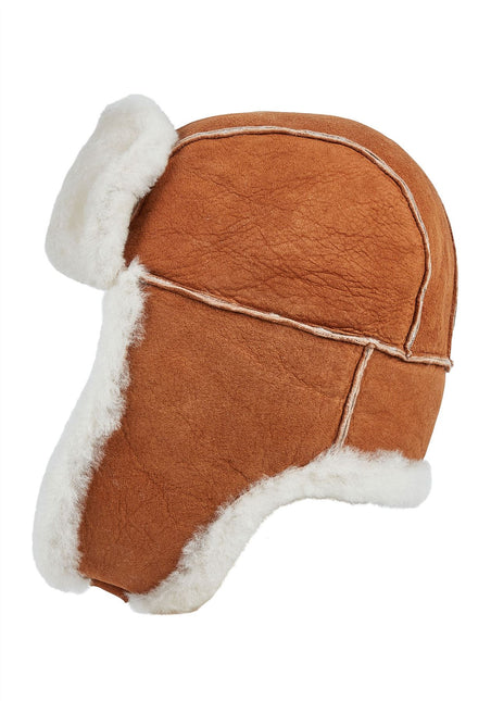 Mens Tan RAF Aviator Suede Sheepskin B-55 Trapper Hat Winter Warm Leather Navigator Hat