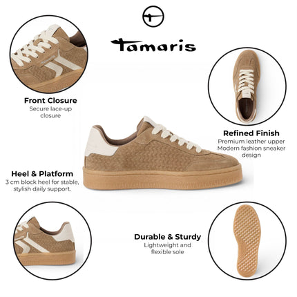 Tamaris Women's Taupe Leather White Stripes Trainers Sneaker Shoes