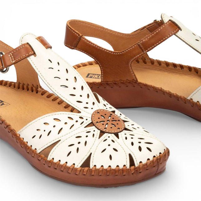 Pikolinos Women’s Tan Cream Leather Cushioned Wedge Sandal Shoes - P-Vallarta
