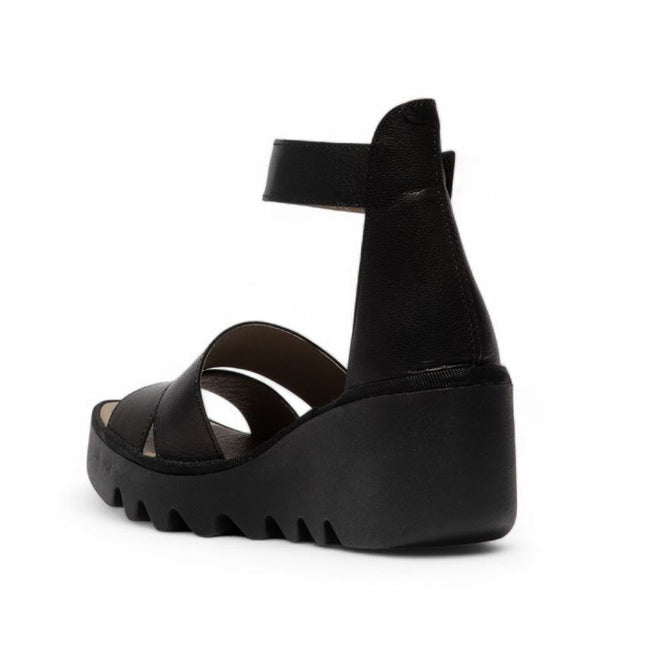 Fly London Women's Bono290Fly Black Mousse Leather Wedge Sandals