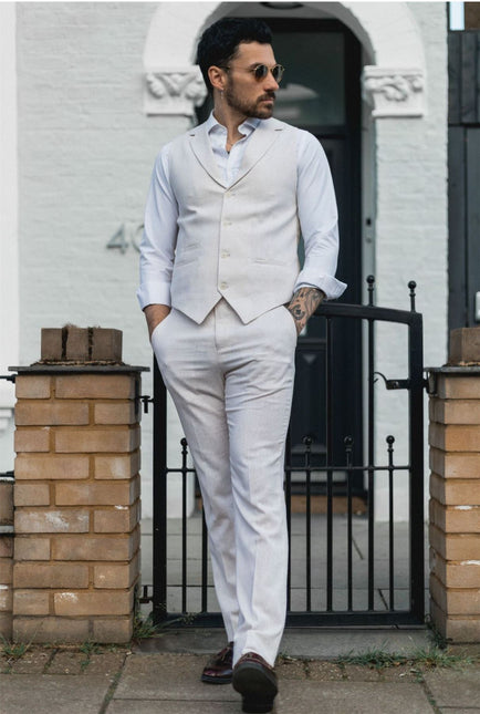Men's Summer 2 Piece Suit Linen Formal Cream Beige Waistcoat Trousers