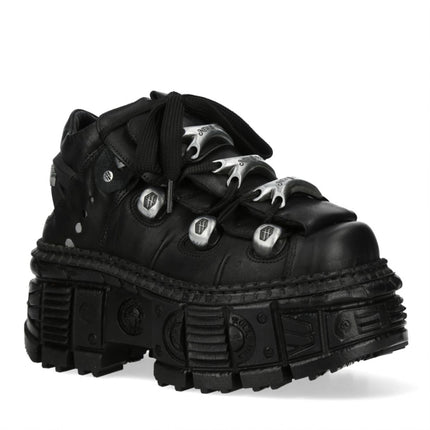 New Rock M-Overz106B-C1 Metallic Chunky Black Leather Gothic Ankle Boots