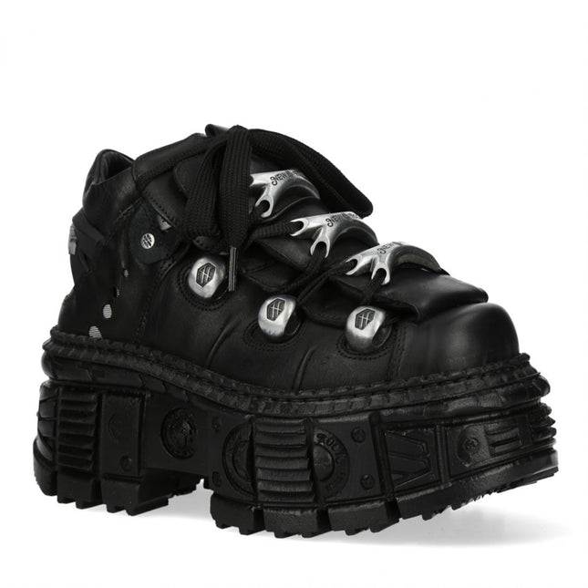 New Rock M-Overz106B-C1 Metallic Chunky Black Leather Gothic Ankle Boots