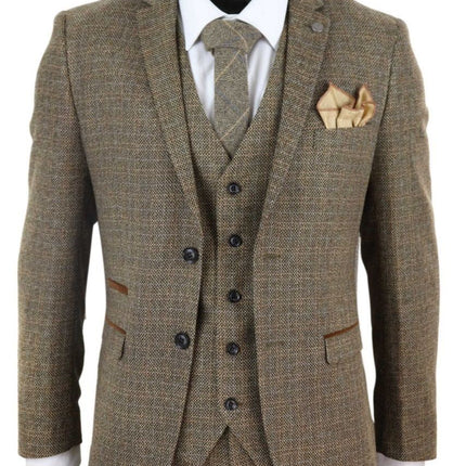 Mens 3 Piece Brown Tweed Check Vintage Retro Suit