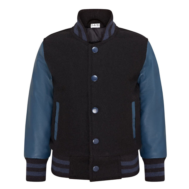 Kids Wool Varsity Black Bomber Jacket with Real Leather Sleeves