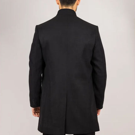 Men's Black Stand Collar Wool Blend Overcoat