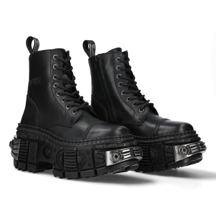 New Rock Metallic Black Leather Boots-WALL083C-S4
