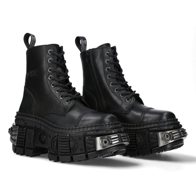 New Rock Metallic Black Leather Boots-WALL083C-S4