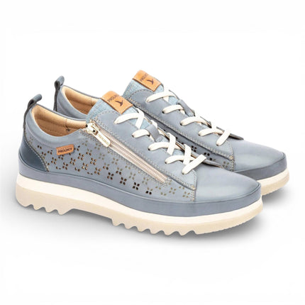 Pikolinos Women’s Denim Blue Leather Lace Up Zip Trainer Sneaker Shoes - Vigo