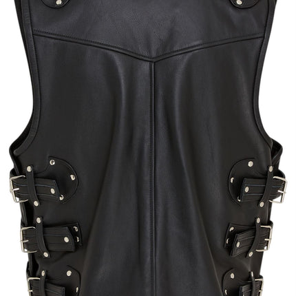 Men’s Black Biker Leather Waistcoat Metal Buckles Vest - Coolgardie