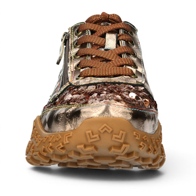 Laura Vita Women's Floral Golden Leather Trainer Sneaker Shoes - Evitao-03
