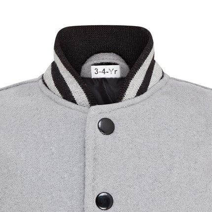 Kids Grey Wool Varsity Bomber Jacket with Real Leather Sleeves