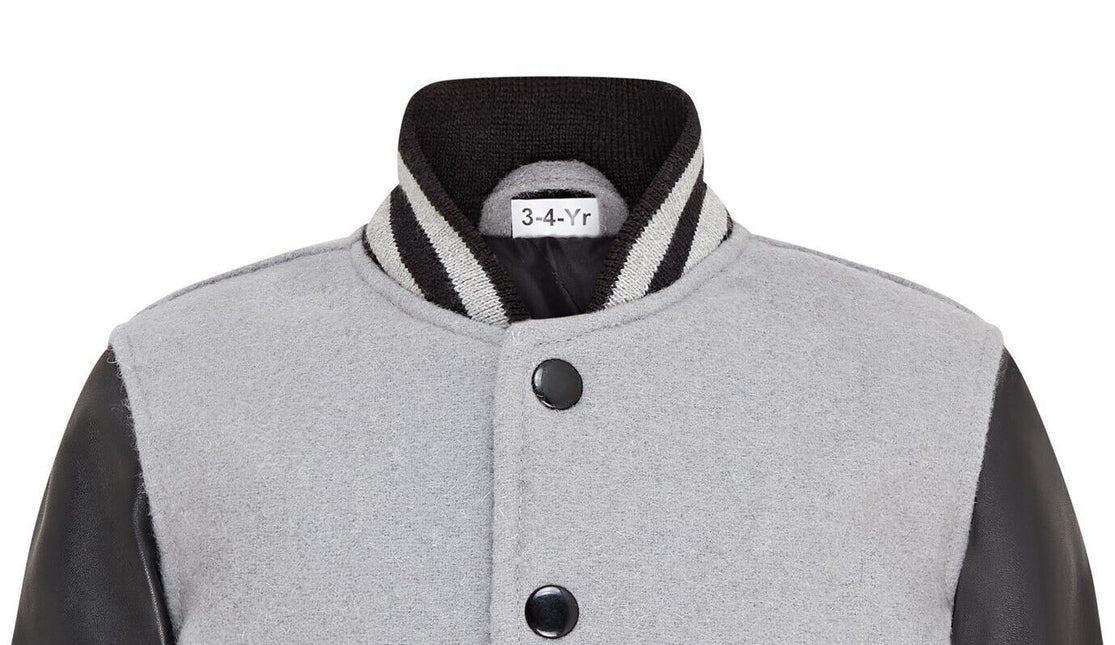 Kids Grey Wool Varsity Bomber Jacket with Real Leather Sleeves