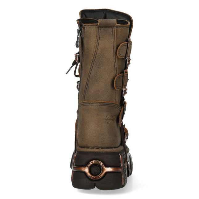 New Rock Brown Leather Gothic Mid-Calf Biker Boots - M-373XL-C120