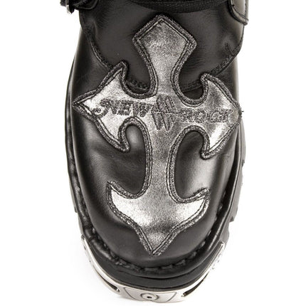 New Rock Silver Cross Black Leather Biker Boots - 407-S1