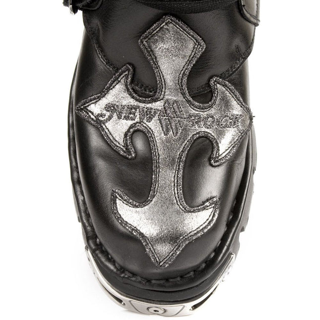 New Rock Silver Cross Black Leather Biker Boots - 407-S1