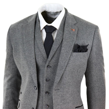 Mens 3 Piece Dark Grey Herringbone Wool Tweed Retro Suit