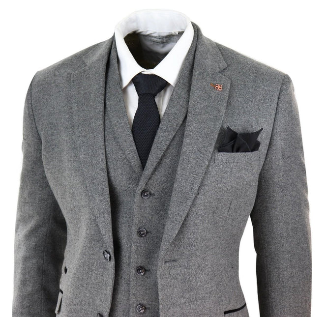 Mens 3 Piece Dark Grey Herringbone Wool Tweed Retro Suit