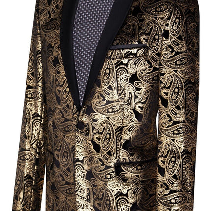 Mens Classic Gold Paisley Black Velvet Tuxedo Dinner Jacket Tailored Fit Blazer