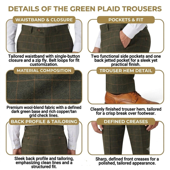 Men's Green Tweed Herringbone Check Trousers - Harris