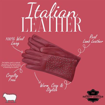 Womens Red Italian Leather Winter Studded Design Soft Wool Lining Gloves - L-GLV-601