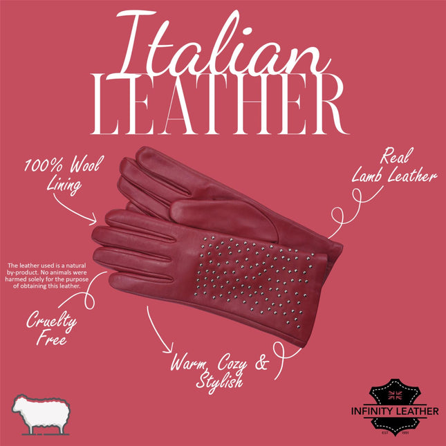 Womens Red Italian Leather Winter Studded Design Soft Wool Lining Gloves - L-GLV-601