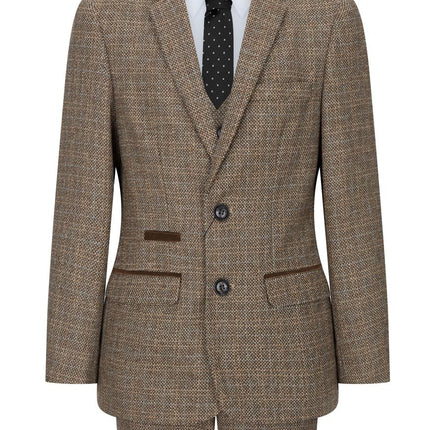 Boys 3 Piece Brown Tweed Check Vintage Retro Suit
