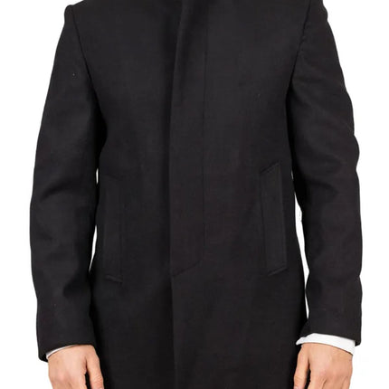 Men's Black Stand Collar Wool Blend Overcoat