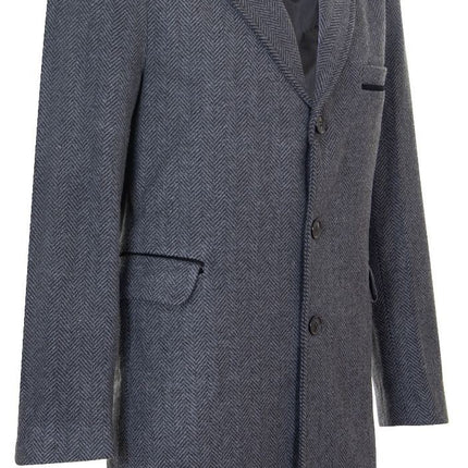 Mens 3/4 Long Grey Crombie Overcoat Jacket Herringbone Tweed Coat Peaky Blinder