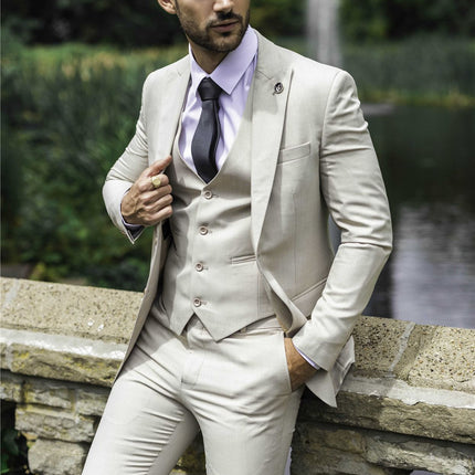 Men's Cream 3-Piece Tailored Fit Formal Wedding Peak Lapel Suit