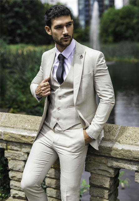 Men's Cream 3-Piece Tailored Fit Formal Wedding Peak Lapel Suit