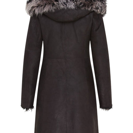 Womens Black Toscana Sheepskin Leather Hooded Trench Coat - Coast